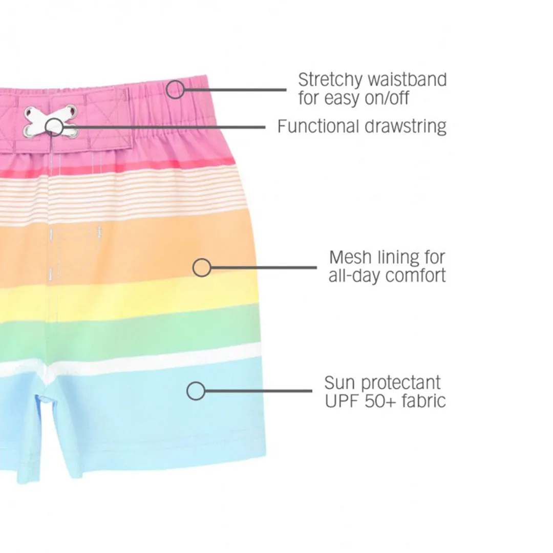 RuggedButts Boys Rainbow Stripe Swim Trunks & Rash Guard with Roshambo Blue Sunglasses