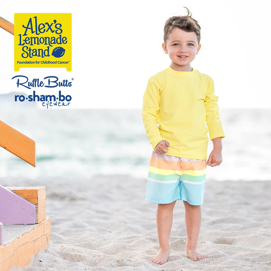 RuggedButts Boys Rainbow Stripe Swim Trunks & Rash Guard with Roshambo Blue Sunglasses