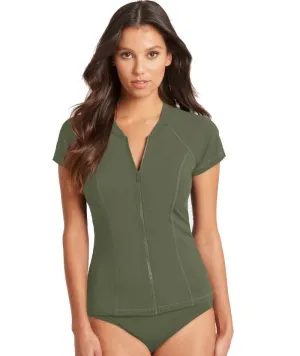 Sea Level Eco Essentials Short Sleeved A-DD Cup Rash Vest - Full Zipper - Khaki