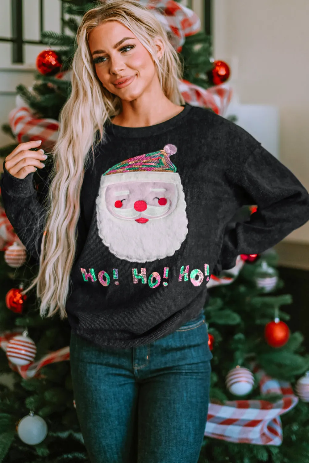 Sequin HO HO HO Santa Claus Graphic Sweatshirt