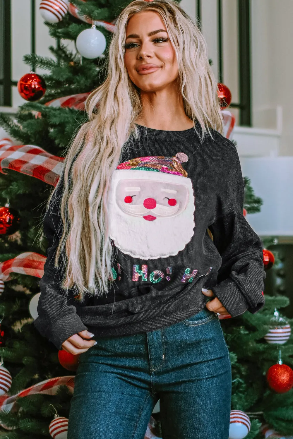 Sequin HO HO HO Santa Claus Graphic Sweatshirt