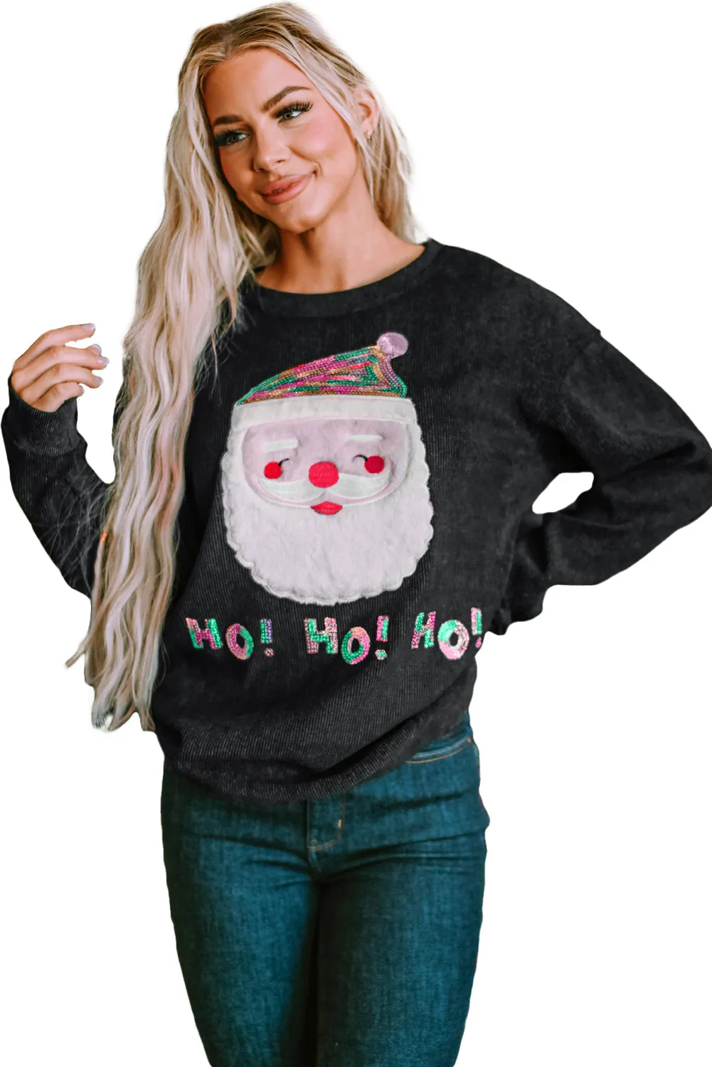 Sequin HO HO HO Santa Claus Graphic Sweatshirt