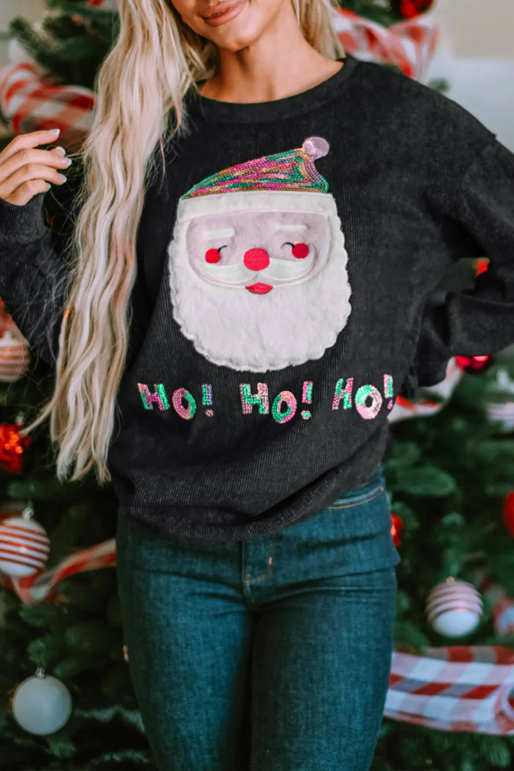 Sequin HO HO HO Santa Claus Graphic Sweatshirt