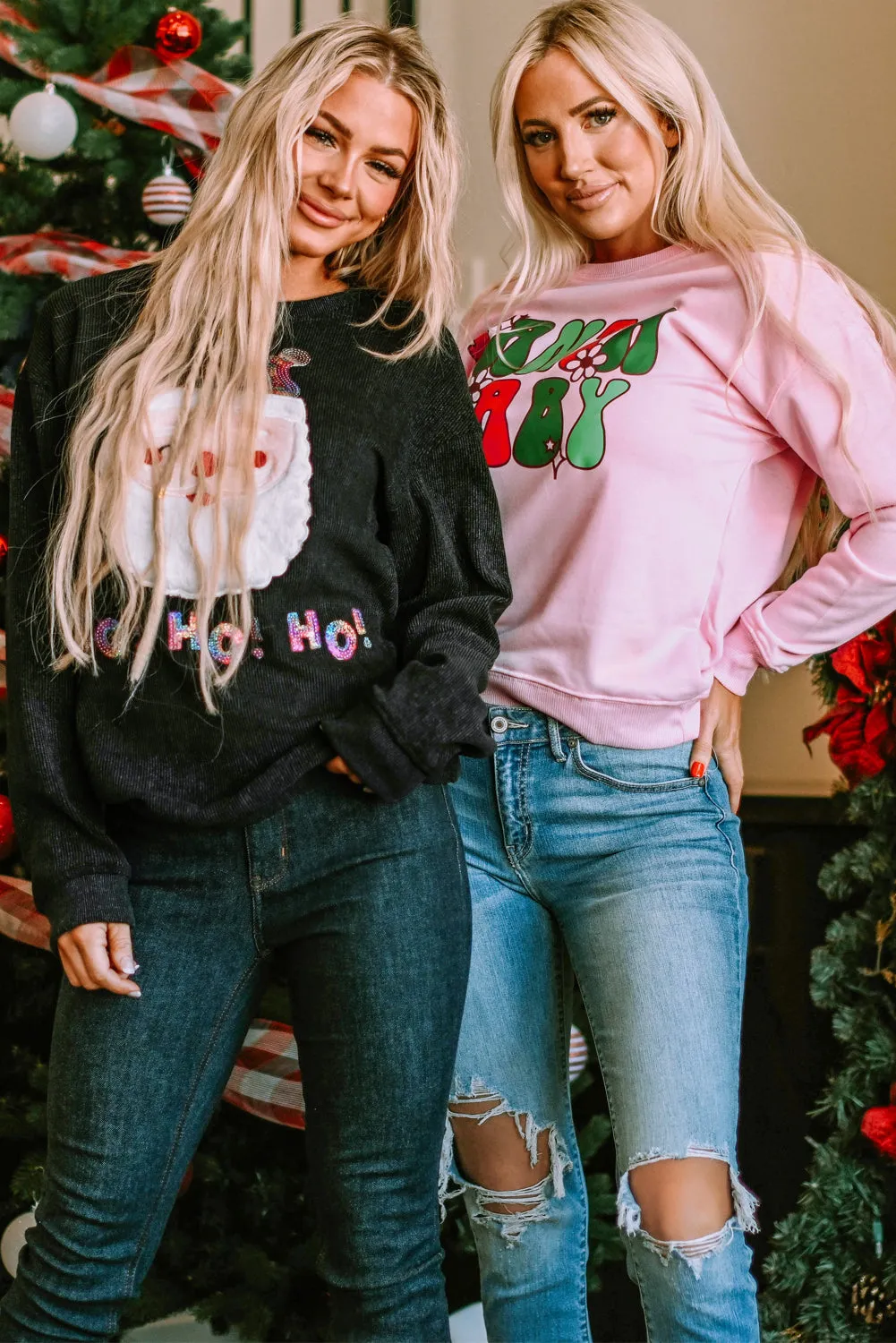 Sequin HO HO HO Santa Claus Graphic Sweatshirt