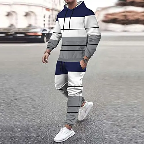Sets Men's Suits, Men's Autumn and Winter Fashion Sports Stitching Collision Color With Pocket Fleecy Hooded Hooded Dress 70s Outfits For Men