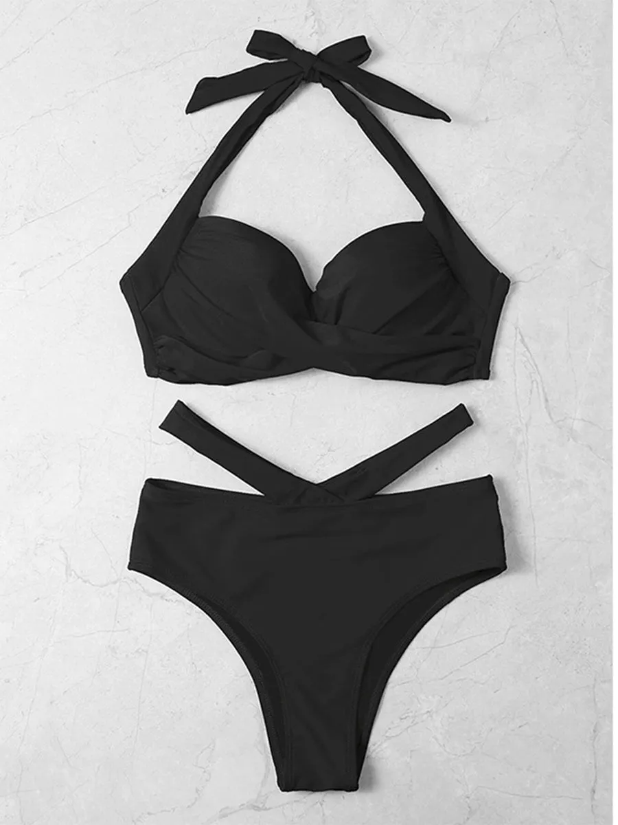 Sexy Halter Women Solid Push Up Biquini Bathing Suit