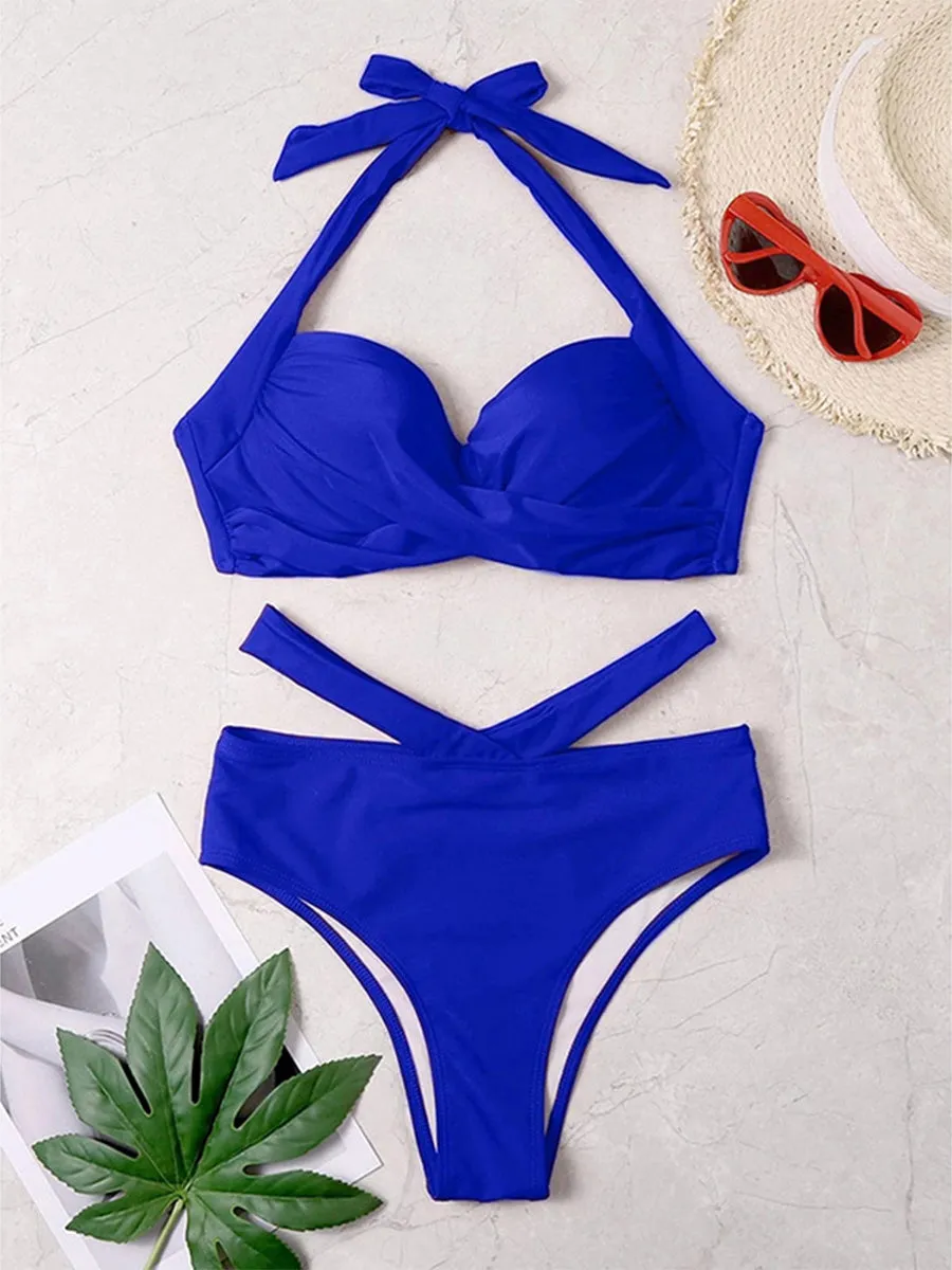 Sexy Halter Women Solid Push Up Biquini Bathing Suit