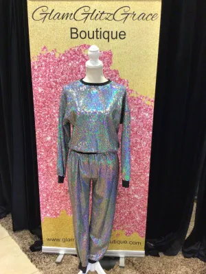 Silver Sequin Black Trimmed Jogger Set