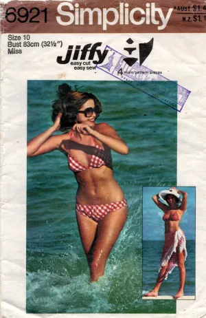 Simplicity 6921 Womens JIFFY Halter Reversible Bikini & Beach Shawl 1970s Vintage Sewing pattern Size 10 or 12