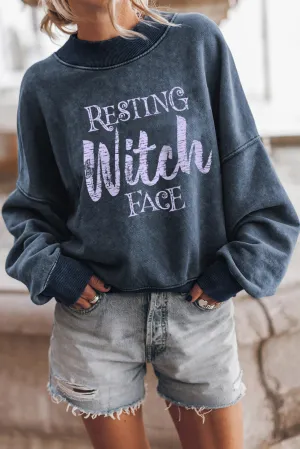 Sky Blue Resting Witch Face Graphic Drop Shoulder Sweatshirt