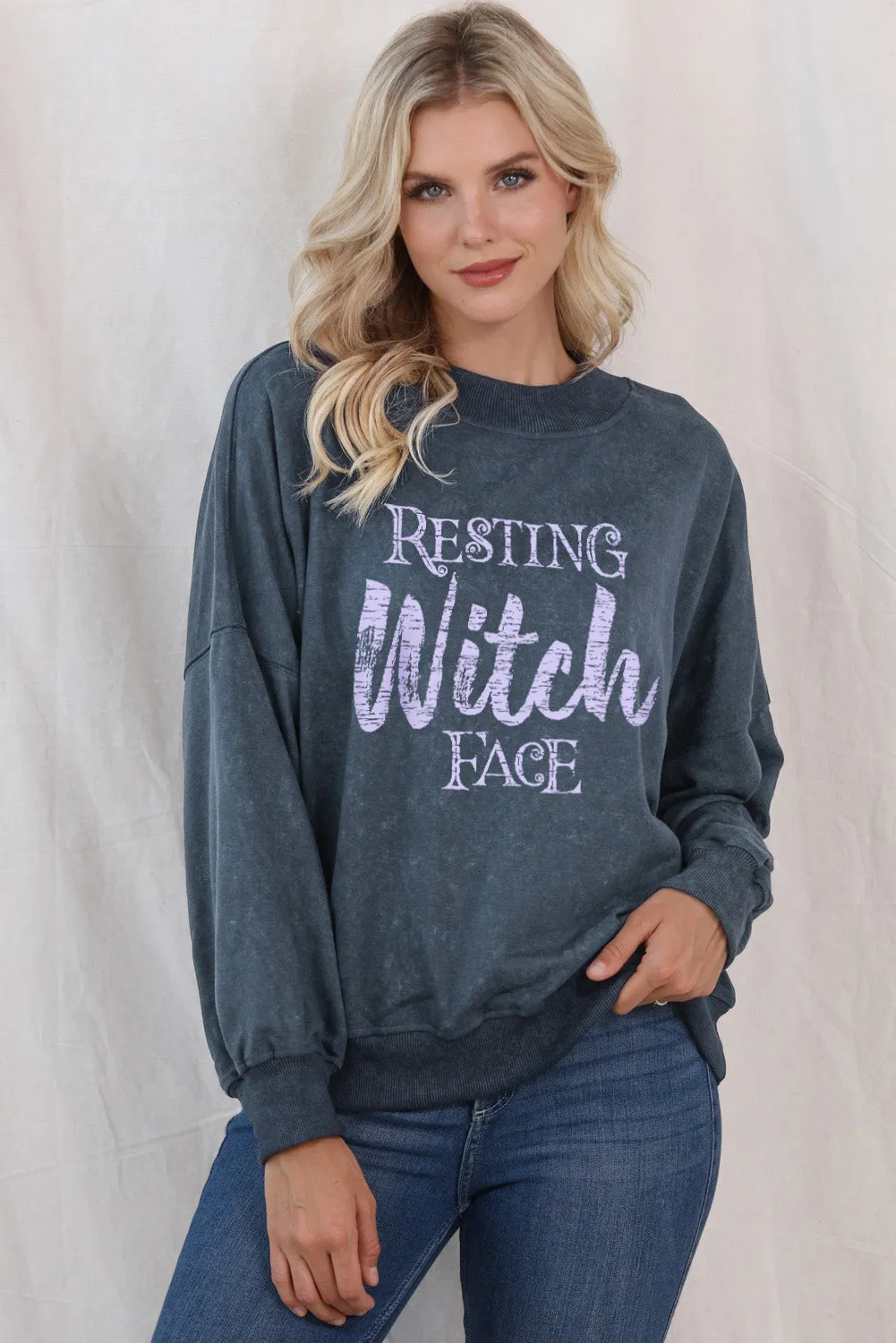 Sky Blue Resting Witch Face Graphic Drop Shoulder Sweatshirt