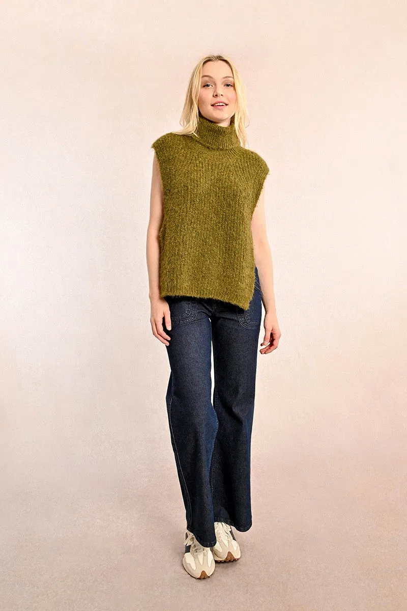SLEEVELESS OPENWORK SWEATER WITH TURTLENECK