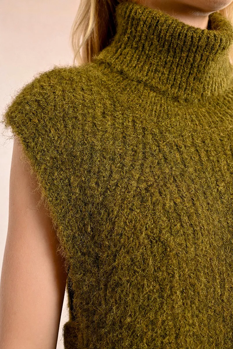SLEEVELESS OPENWORK SWEATER WITH TURTLENECK