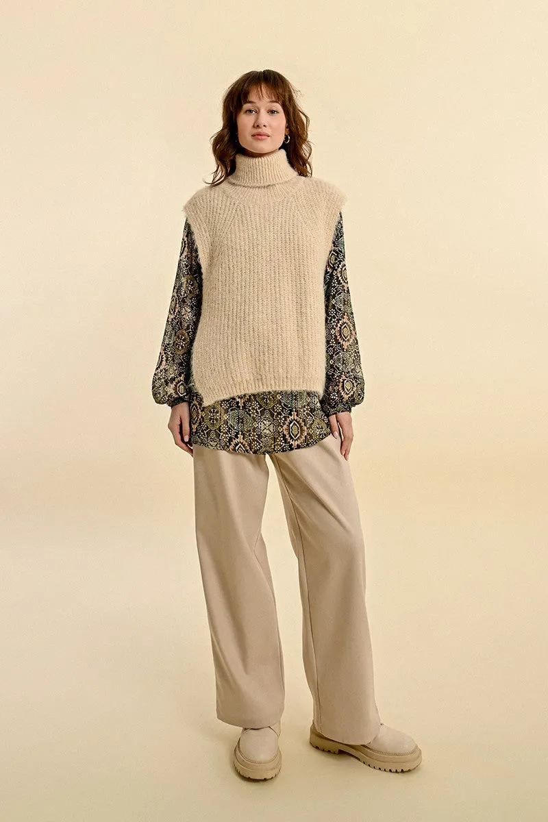SLEEVELESS OPENWORK SWEATER WITH TURTLENECK