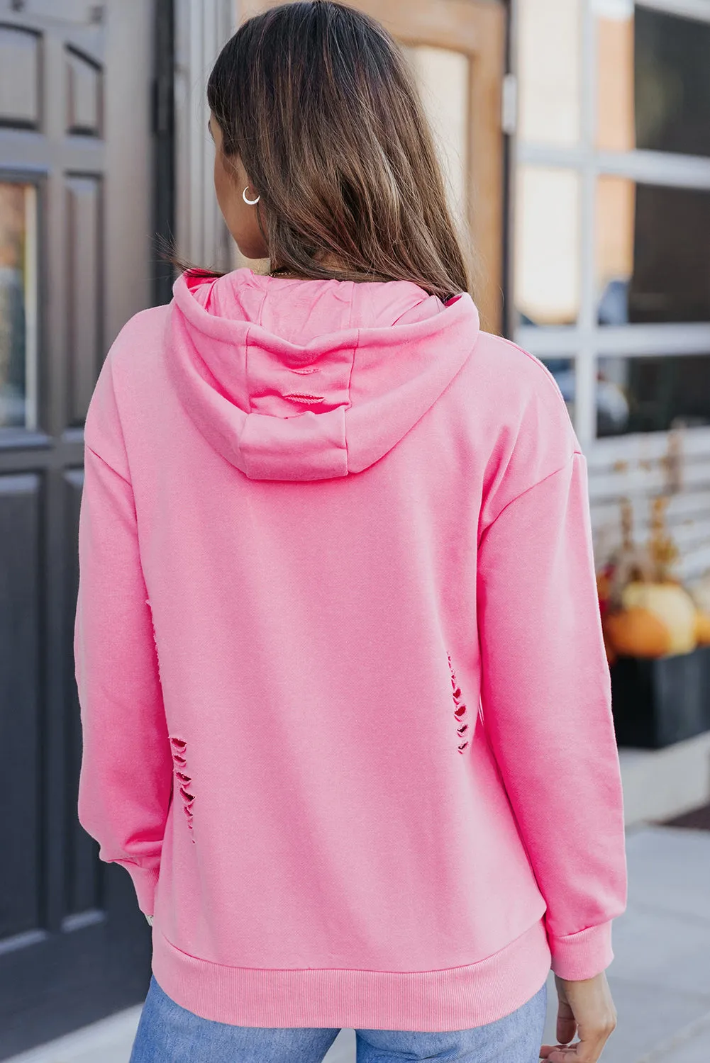 Solid Ripped Hooded Sweatshirt