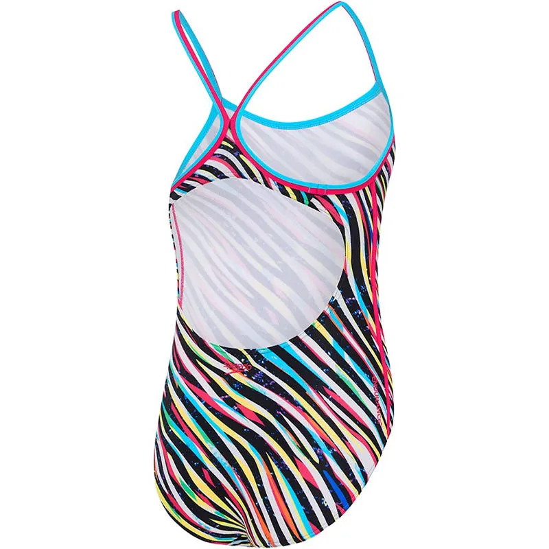SPEEDO GIRLS ZEBRA STREAK SIERRA 1 PCE BLACK PINK BLUE YELLOW WHITE
