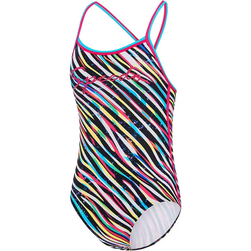 SPEEDO GIRLS ZEBRA STREAK SIERRA 1 PCE BLACK PINK BLUE YELLOW WHITE