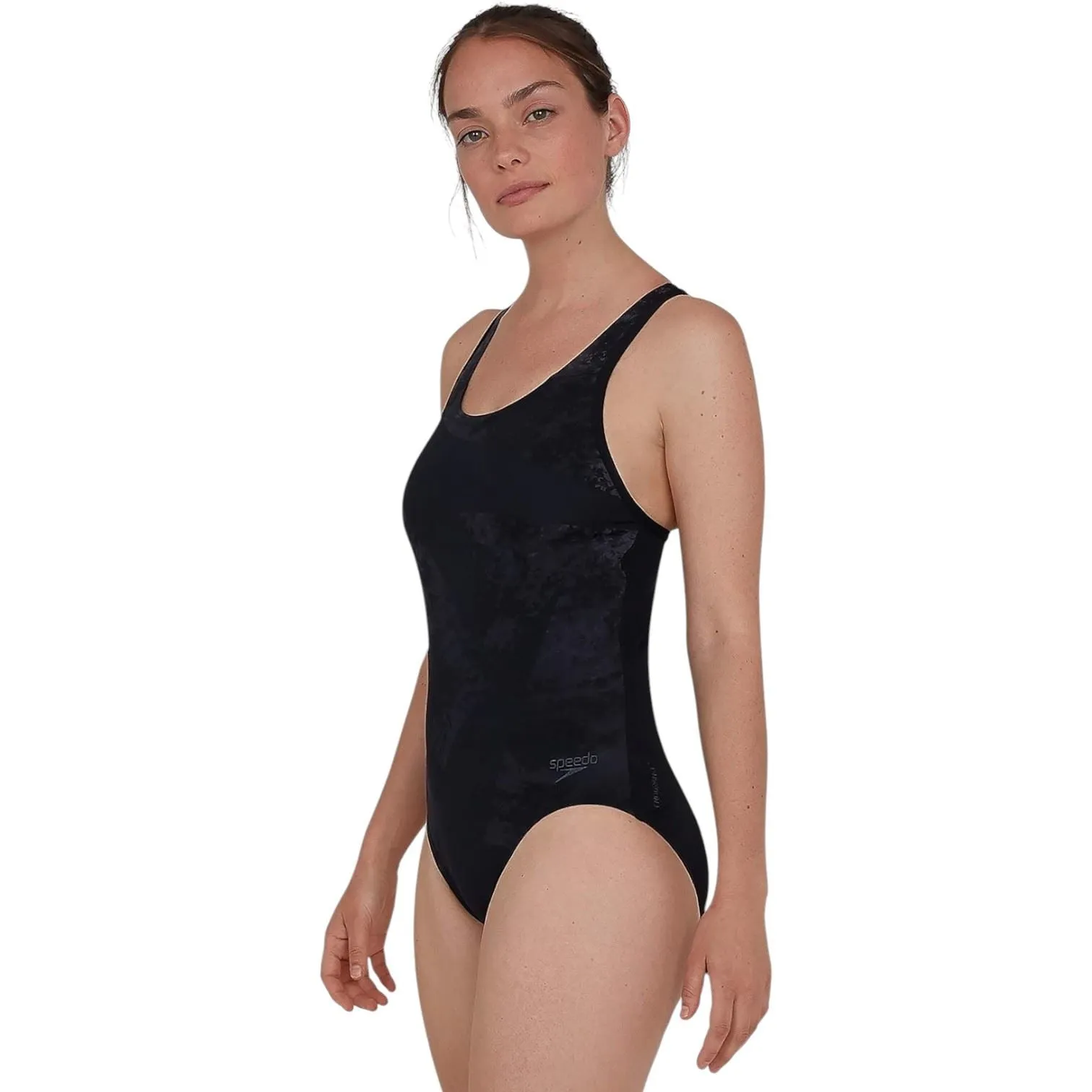 Speedo Womens Boomstar Placement Flyback Swimsuit Black/Grey