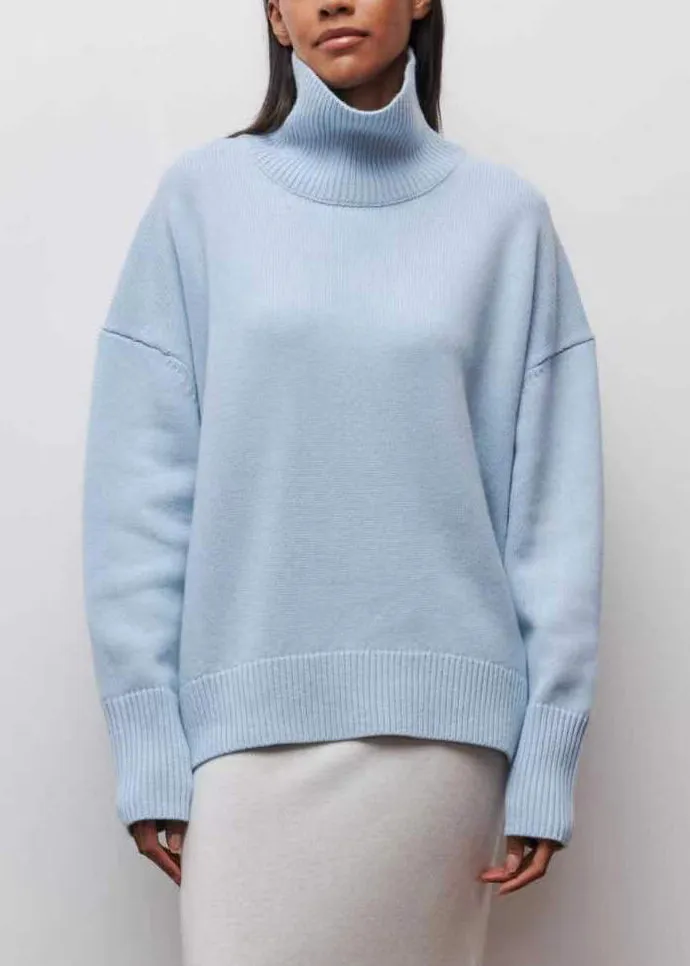 Spring Turtleneck Simple Blue Solid Knit Sweaters