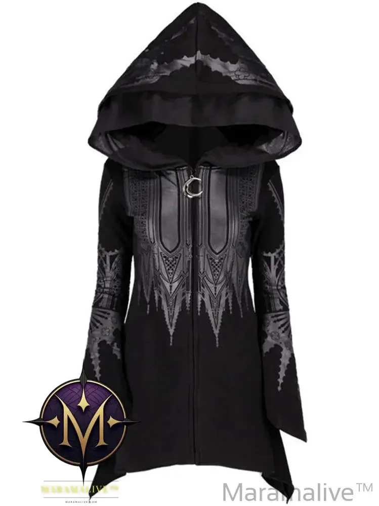 Street Goth Punk Style Black Long Hooded Top Retro Dark Grunge Y2K Print Sweatshirts 2022 New Autumn Winter Ladies Tops