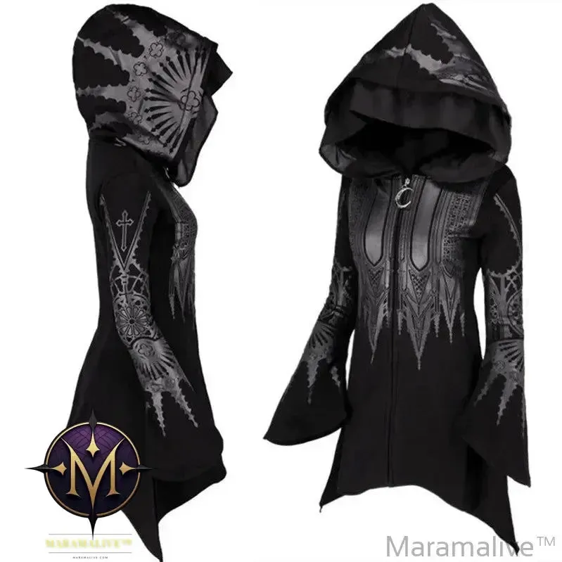 Street Goth Punk Style Black Long Hooded Top Retro Dark Grunge Y2K Print Sweatshirts 2022 New Autumn Winter Ladies Tops