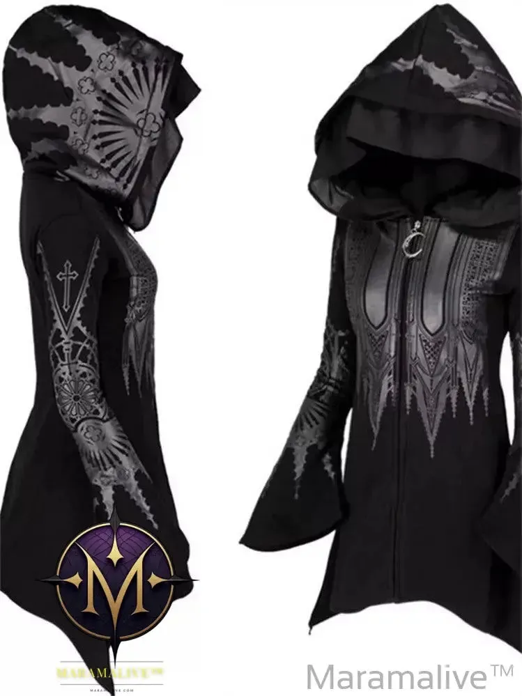 Street Goth Punk Style Black Long Hooded Top Retro Dark Grunge Y2K Print Sweatshirts 2022 New Autumn Winter Ladies Tops