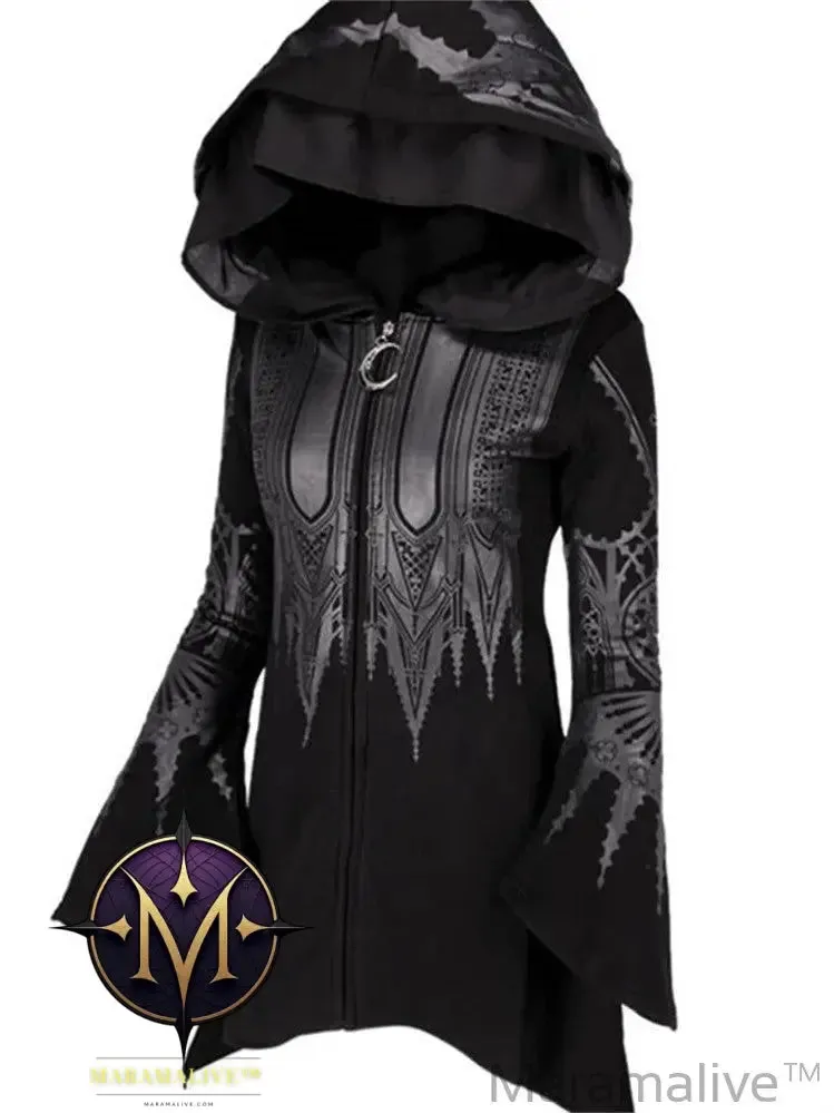 Street Goth Punk Style Black Long Hooded Top Retro Dark Grunge Y2K Print Sweatshirts 2022 New Autumn Winter Ladies Tops