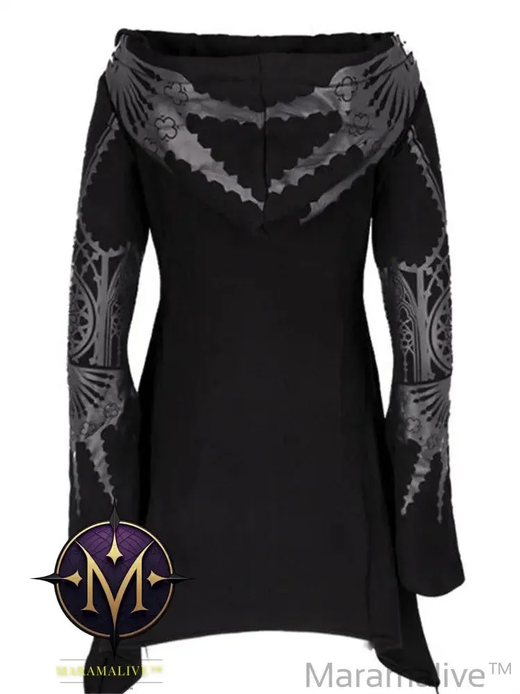 Street Goth Punk Style Black Long Hooded Top Retro Dark Grunge Y2K Print Sweatshirts 2022 New Autumn Winter Ladies Tops