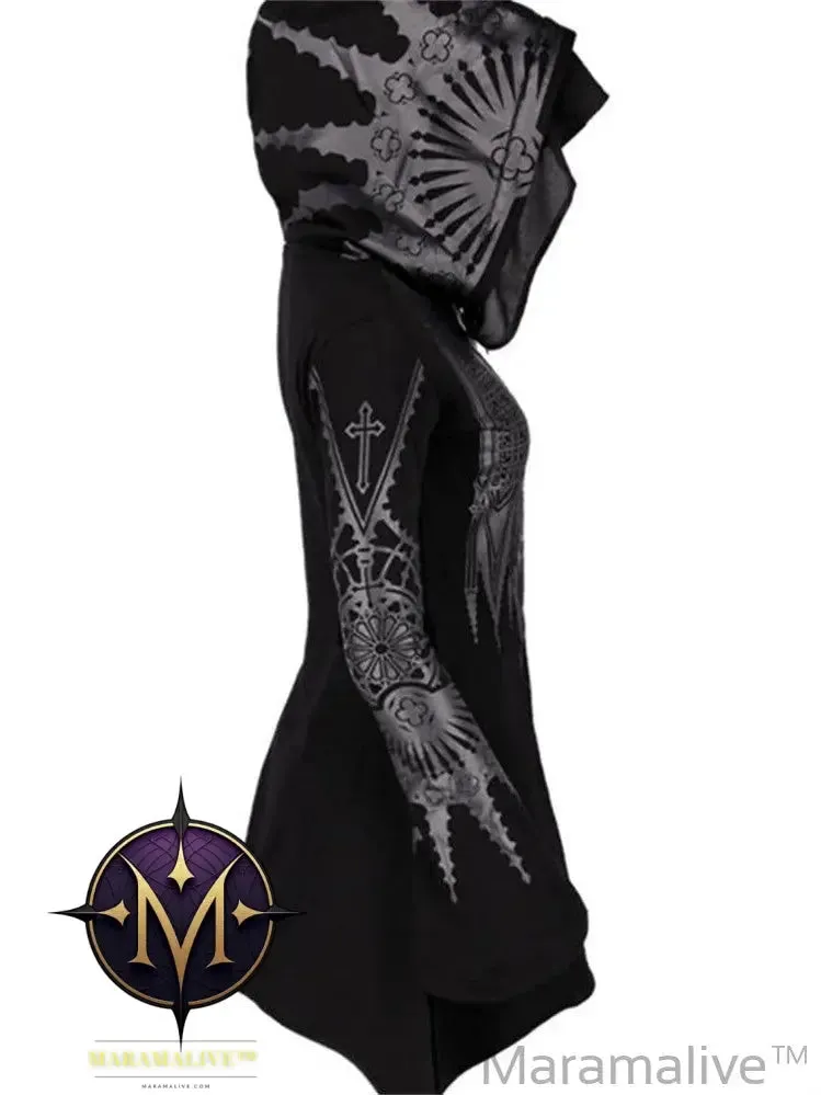 Street Goth Punk Style Black Long Hooded Top Retro Dark Grunge Y2K Print Sweatshirts 2022 New Autumn Winter Ladies Tops