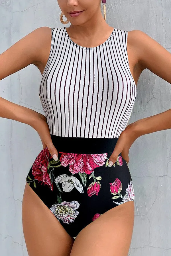Striped Leafy One Piece Swimsuit