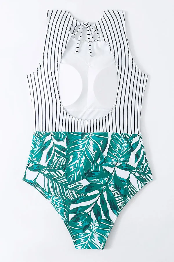 Striped Leafy One Piece Swimsuit