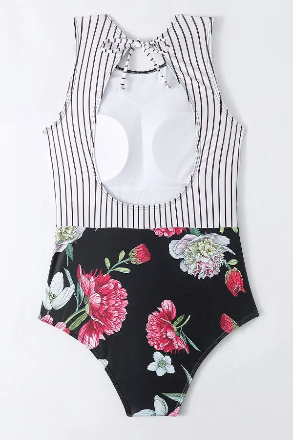 Striped Leafy One Piece Swimsuit