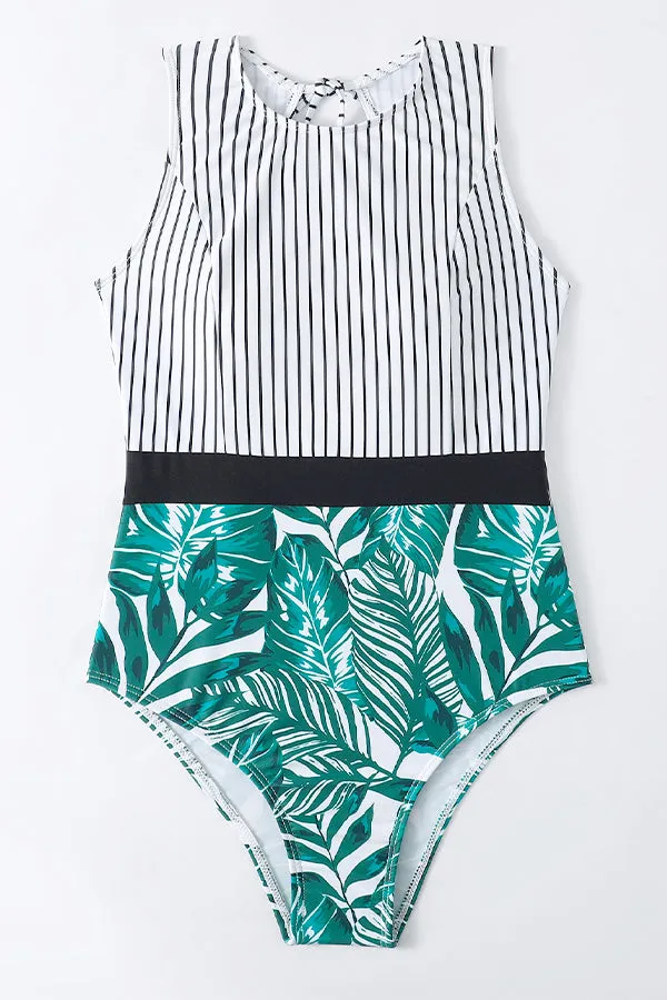 Striped Leafy One Piece Swimsuit