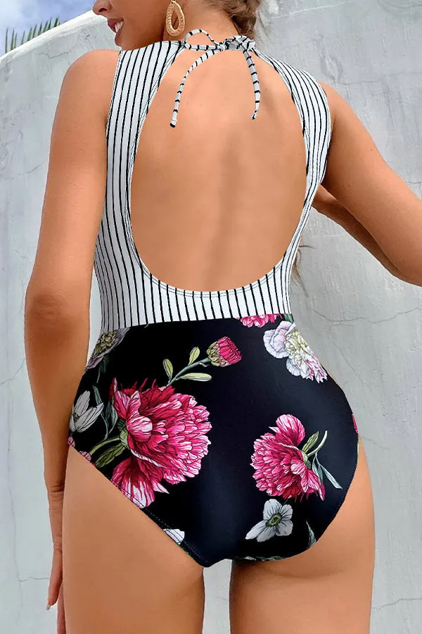 Striped Leafy One Piece Swimsuit