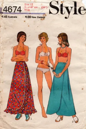 Style 4674 Womens Bikini & Maxi Wrap Sarong Skirt 1970s Vintage Sewing Pattern Size 12 Bust 34 inches
