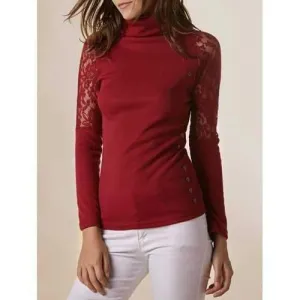 Stylish Turtleneck Long Sleeve Lace Splicing Sweater For Women - Claret One Size(fit Size Xs To M)