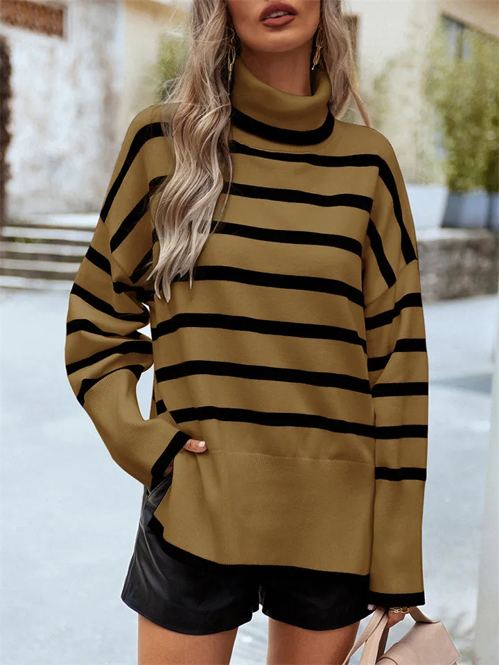 Stylish Turtleneck Striped Knitwear Sweater for Ladies