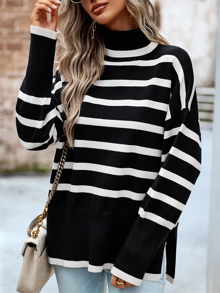 Stylish Turtleneck Striped Knitwear Sweater for Ladies