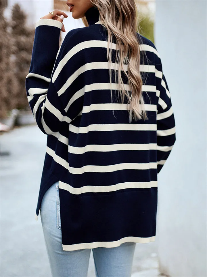 Stylish Turtleneck Striped Knitwear Sweater for Ladies