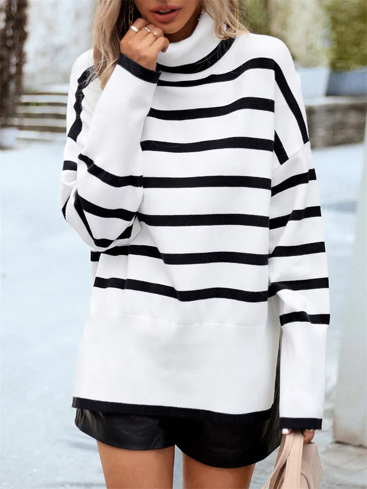 Stylish Turtleneck Striped Knitwear Sweater for Ladies
