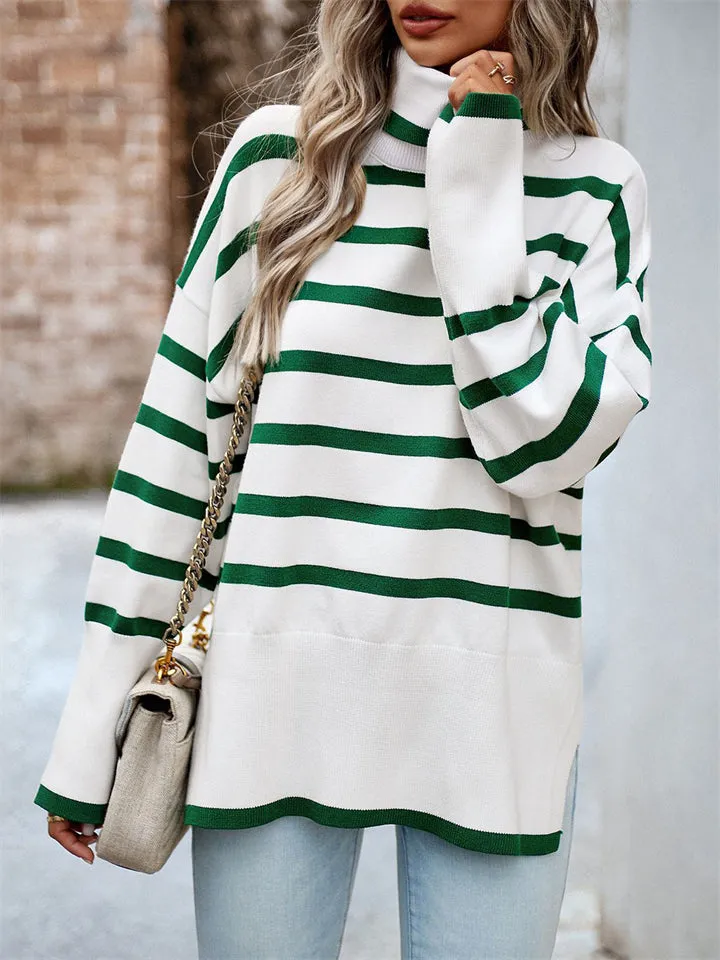 Stylish Turtleneck Striped Knitwear Sweater for Ladies