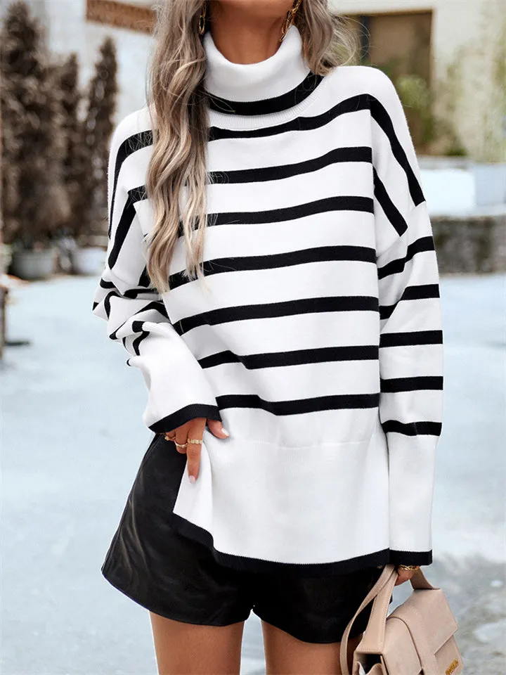 Stylish Turtleneck Striped Knitwear Sweater for Ladies