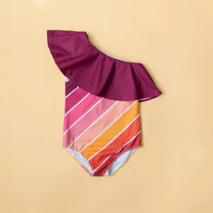 Sunset Beach Rainbow One Shoulder Ruffle Swimsuit