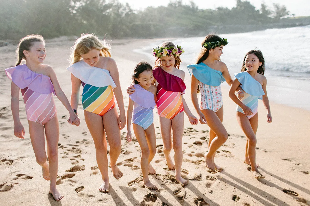 Sunset Beach Rainbow One Shoulder Ruffle Swimsuit