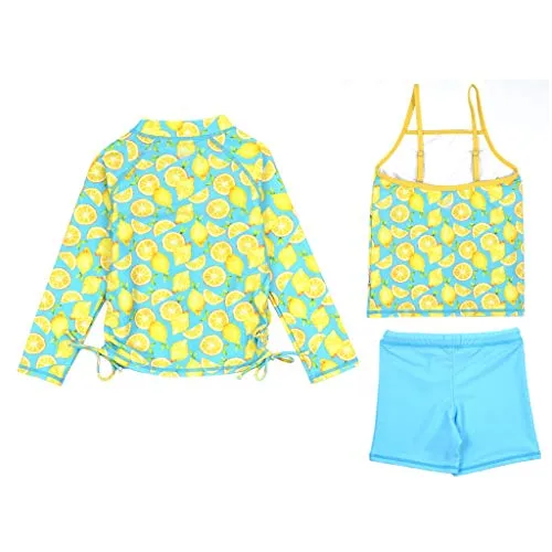 SwimZip Girl 3 Piece Long Sleeve Rash Guard, Tankini & Shorts - Lemons - 10-12