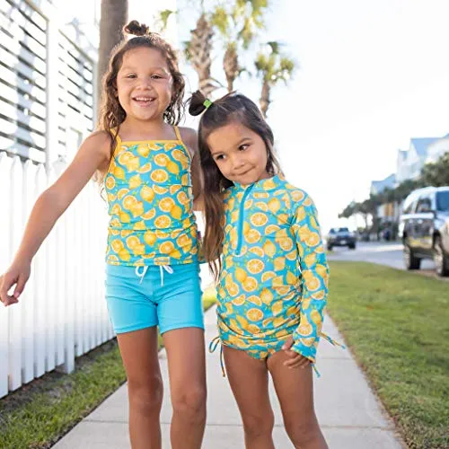 SwimZip Girl 3 Piece Long Sleeve Rash Guard, Tankini & Shorts - Lemons - 10-12