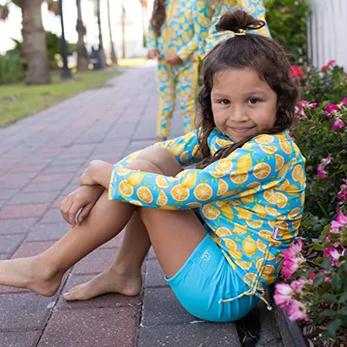 SwimZip Girl 3 Piece Long Sleeve Rash Guard, Tankini & Shorts - Lemons - 10-12