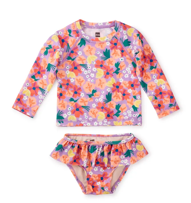 Tea Two Piece Painted Squash and Hibiscus Rash Guard Set