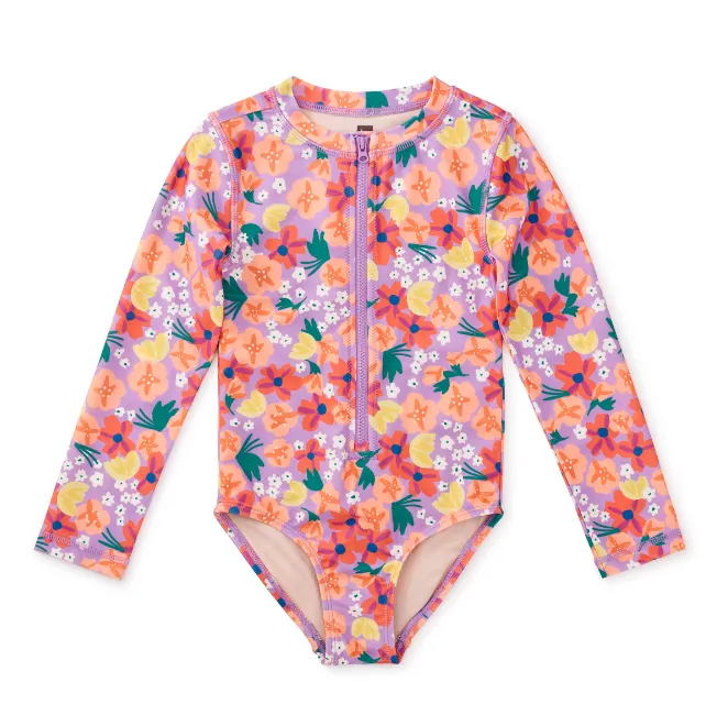 Tea Two Piece Painted Squash and Hibiscus Rash Guard Set