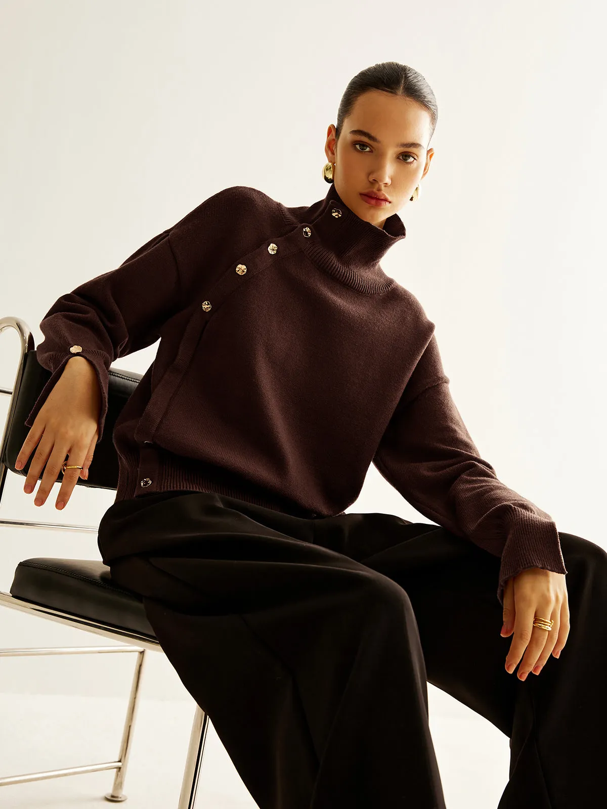 Turtleneck Asymmetrical Button Sweater